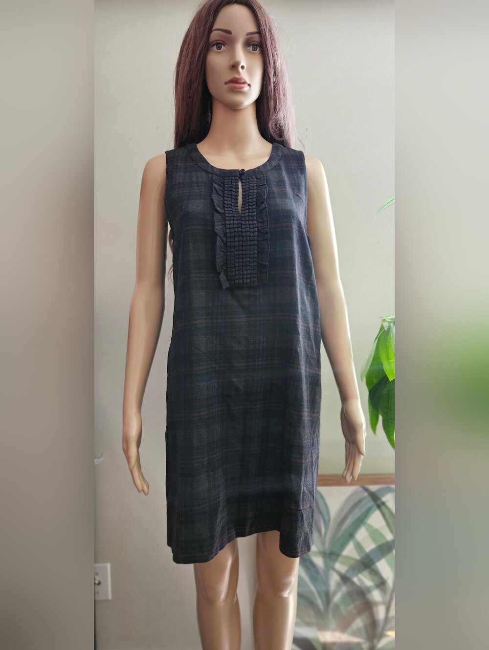 Theory Dark Gray Black Plaid Shift Dress Midi Sleeveless Wool Blend